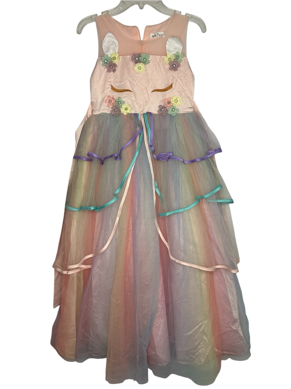NNJXD Rainbow Unicorn Tulle Formal Dress Girls 140 Floral Maxi (9/10)